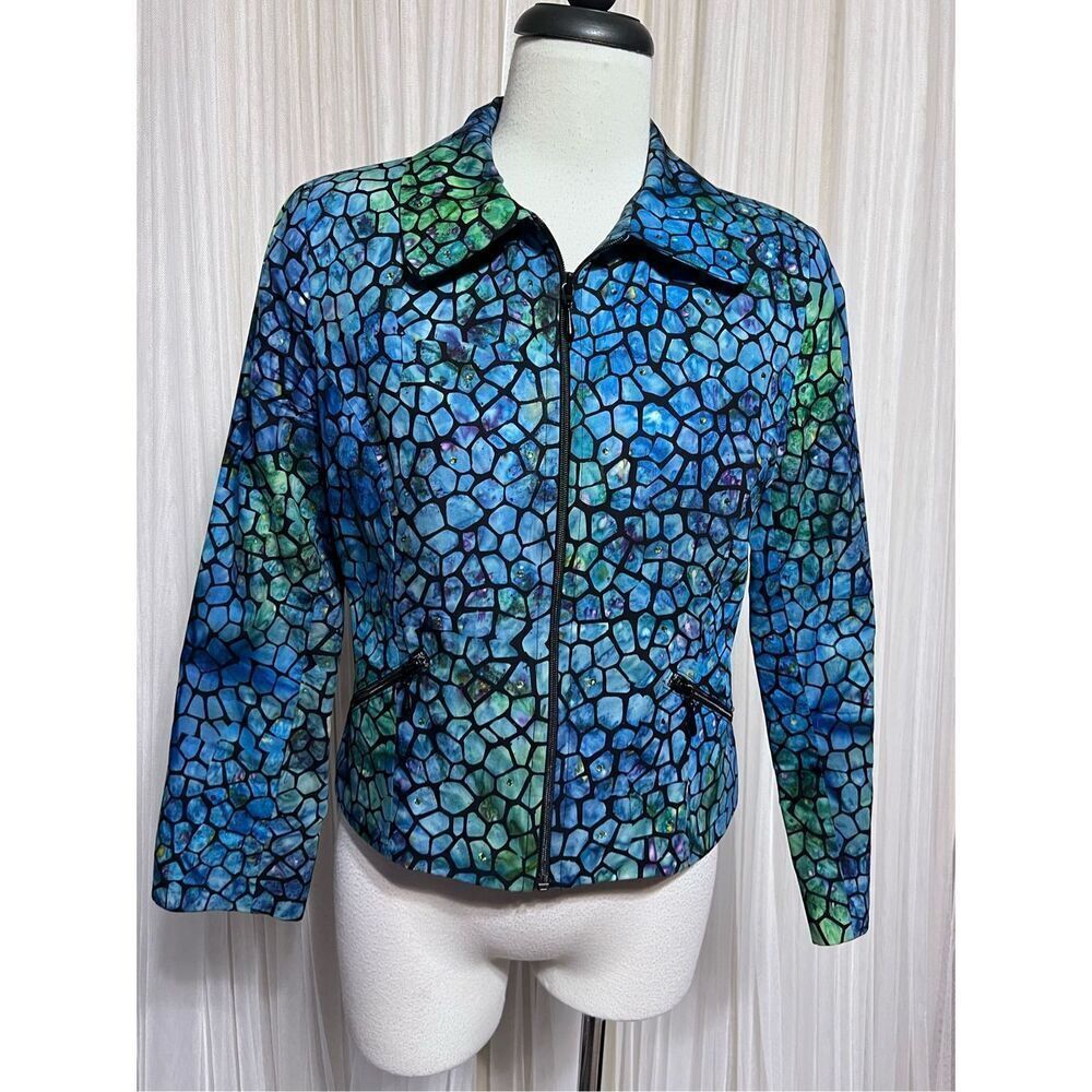 Lorizoni Jacket Women Small Blue Teal Mosaic Print Zip Blazer Statement Vintage